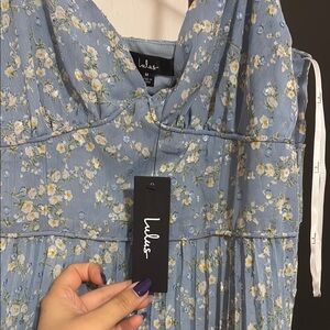 Lulu's Blue Pleated Midi Sundress for Wedding Guest